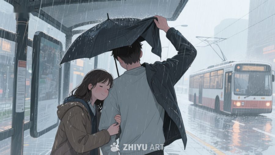 雨中公交站的温馨一幕 644