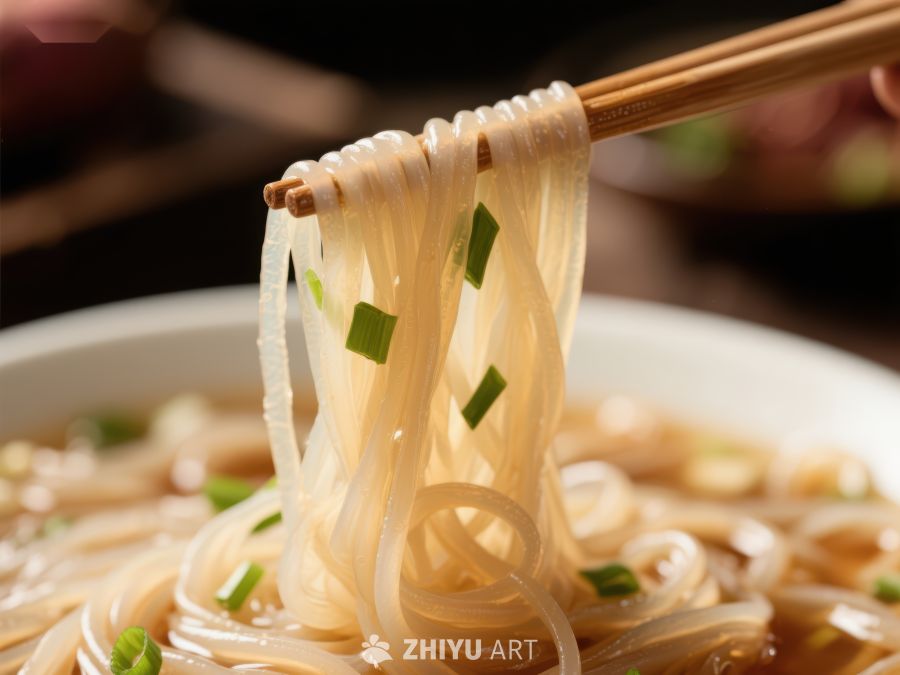 筷子夹起透明面条，点缀葱花 339