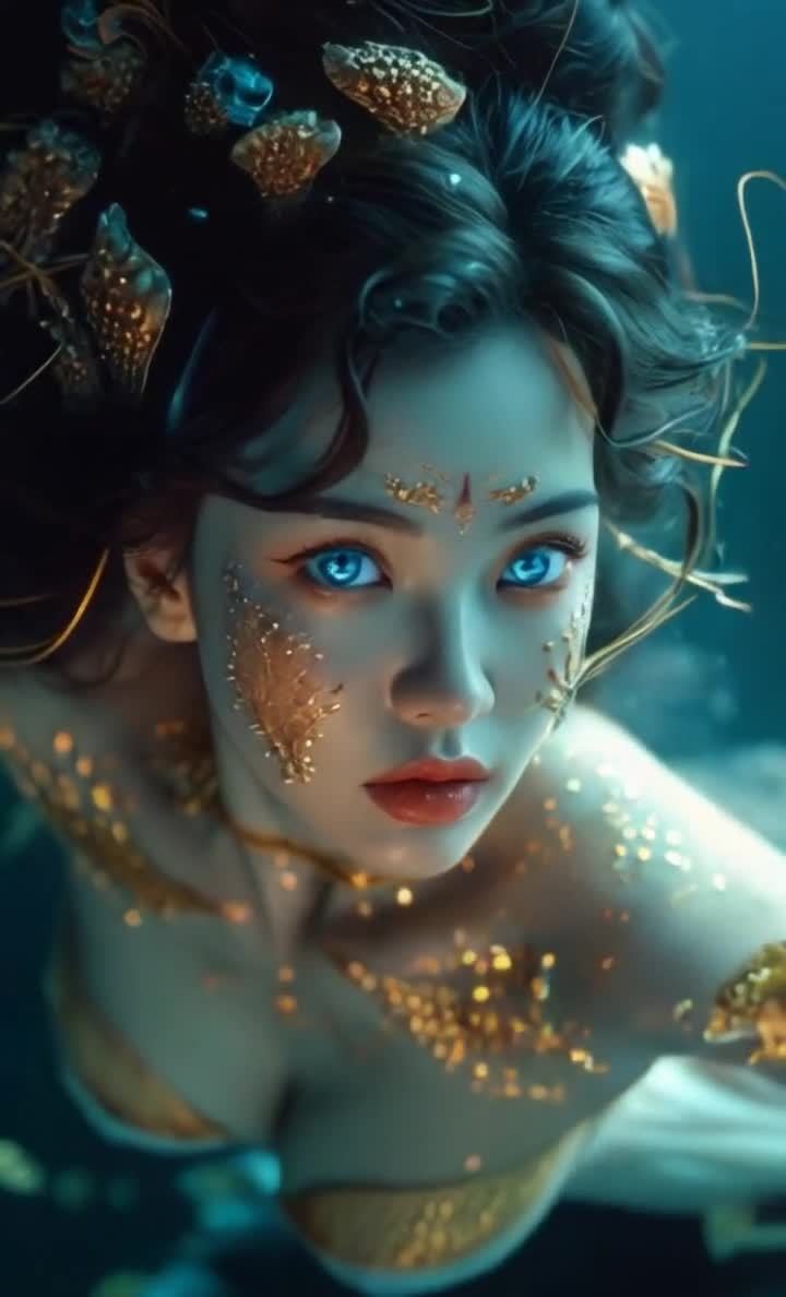 一位面容姣好的女子凝视着前方，她的皮肤呈蓝色调，眼