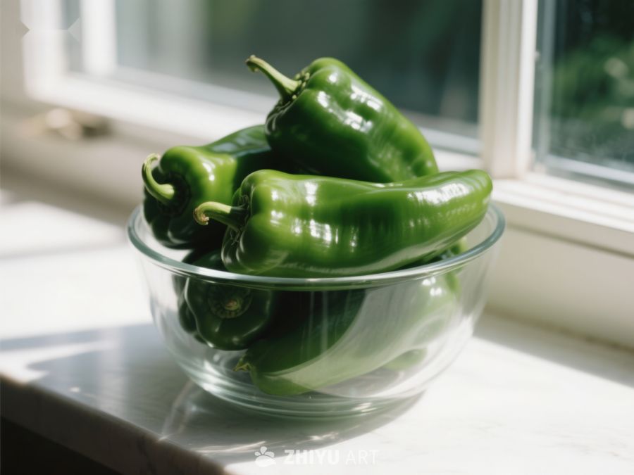 窗边玻璃碗中的青椒 131