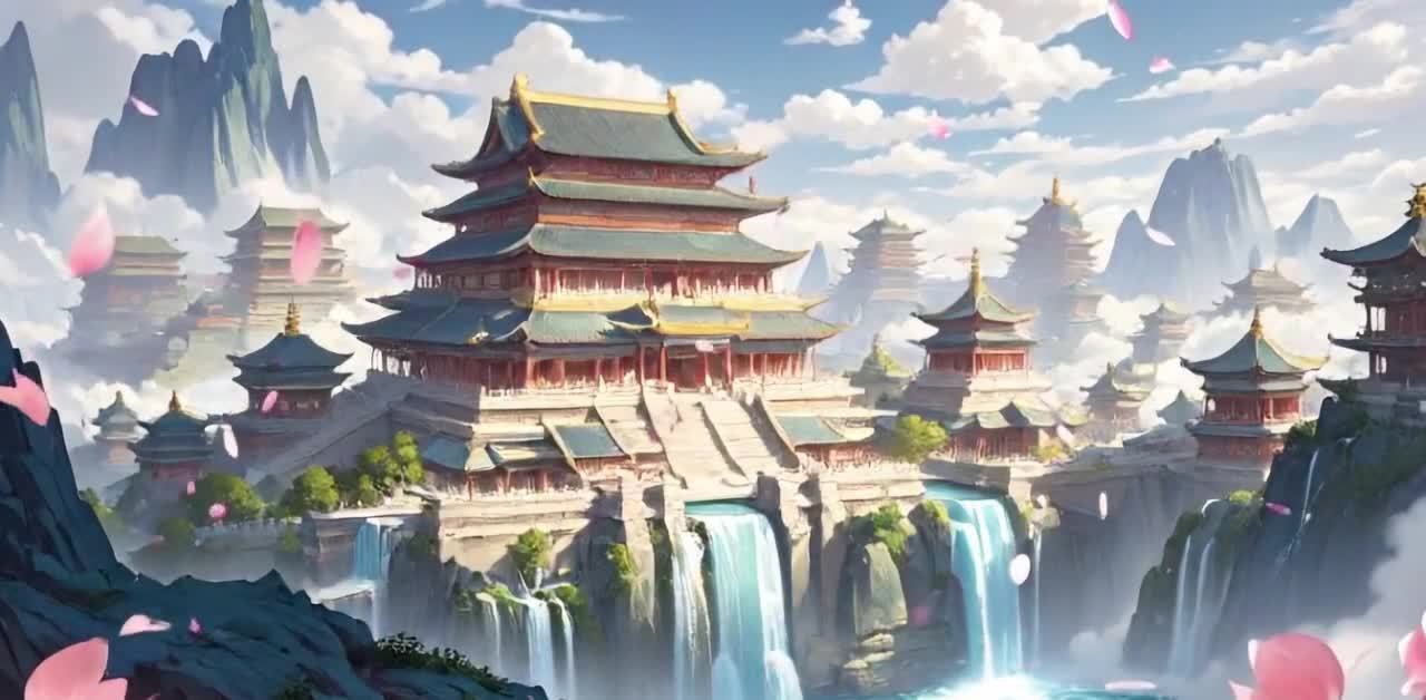 云雾山间瀑布飞花中国风楼阁建筑群