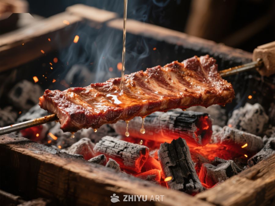 火焰炙烤中的美味排骨