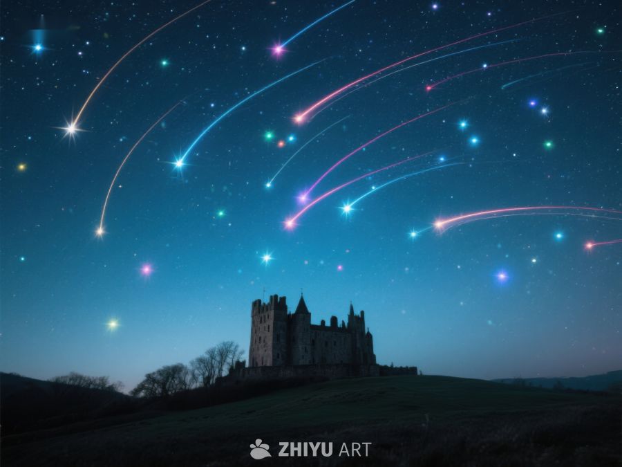 流星划过夜空，古堡静谧矗立 52