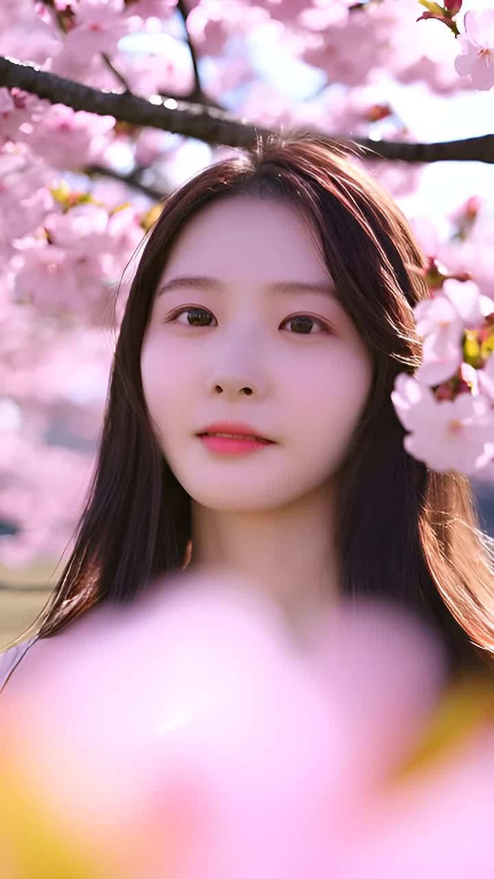 一个有着深色长发的女子在镜头前，背景是盛开的樱花。