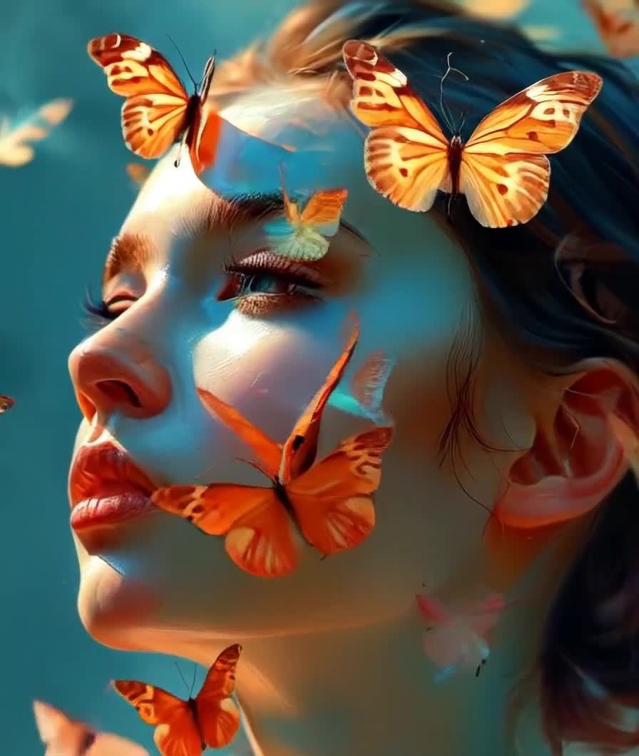 女人侧脸与蝴蝶，橙色蓝色的梦幻意境