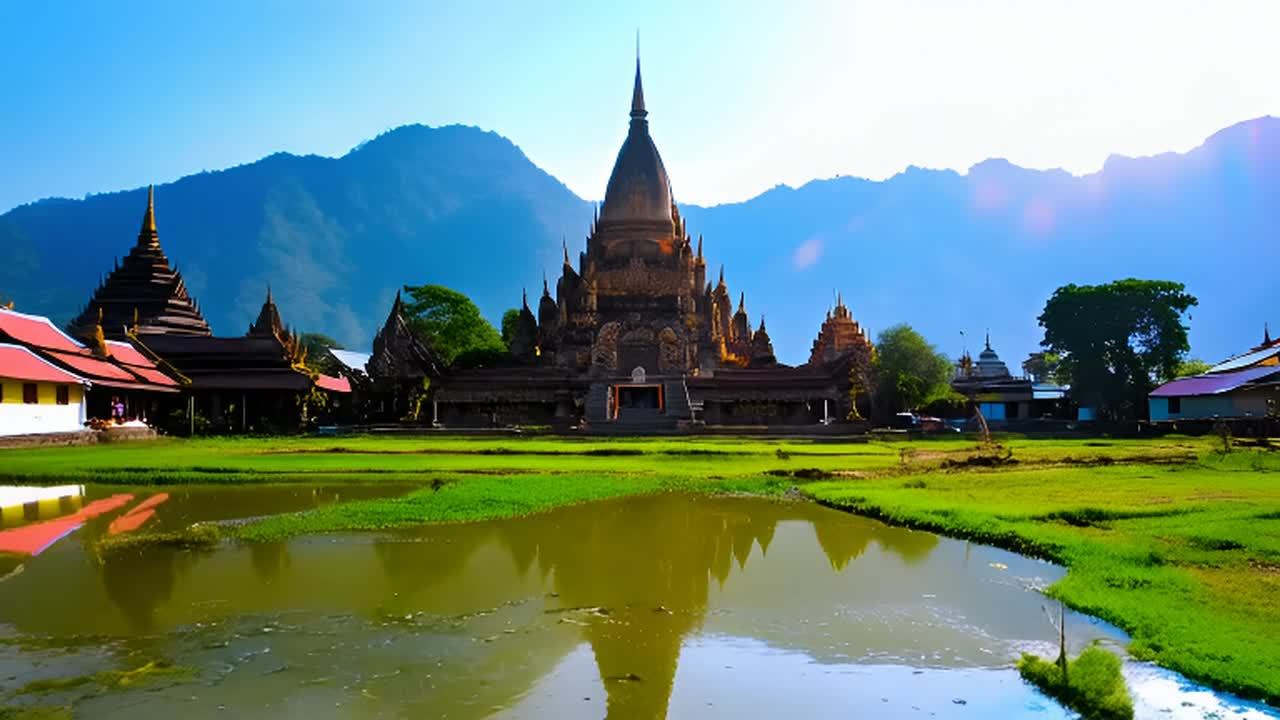 一座位于掸邦的寺庙庄严地矗立在群山背景之中。小镇中