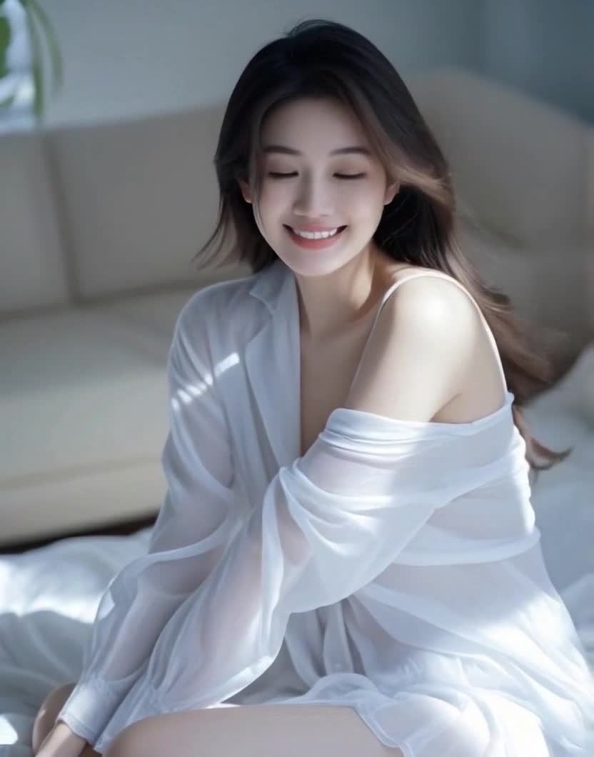 阳光下室内微笑的女性，穿着白色衣服，温柔眼神。