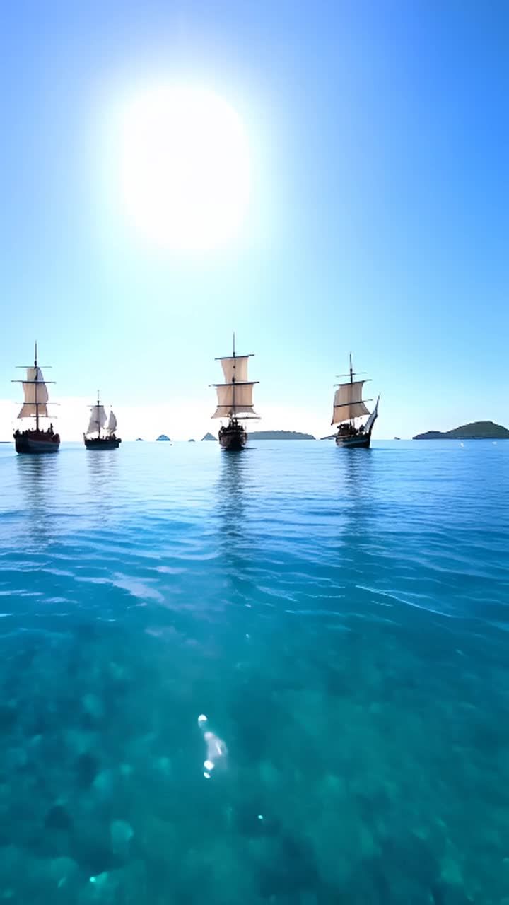 四艘古老帆船漂浮在加勒比海平静而清澈的水面上。阳光