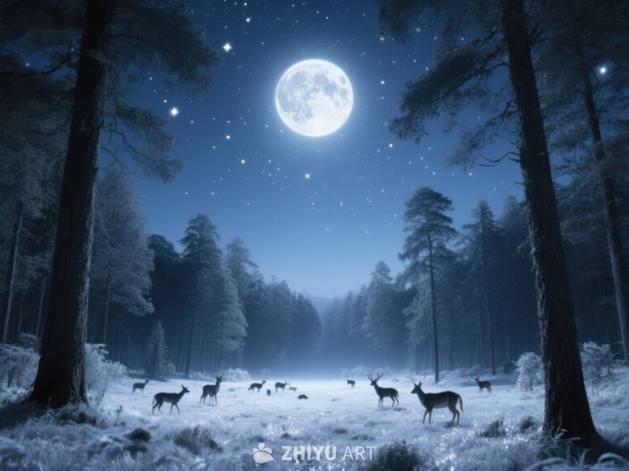 月夜森林中的鹿群 592