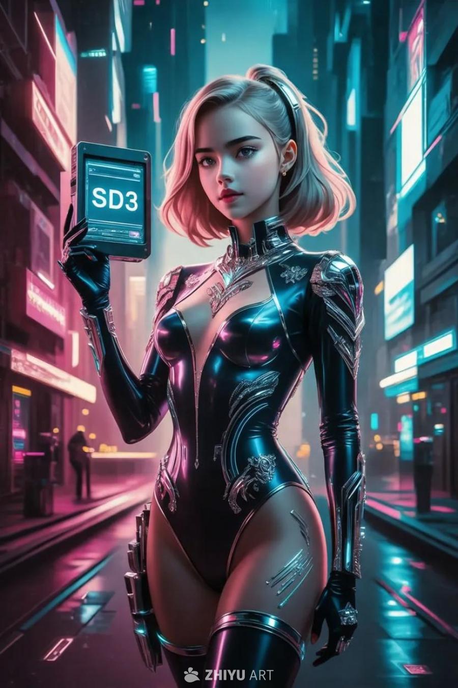 一个装饰华丽的赛博朋克女孩站在赛博朋克城市中，她身