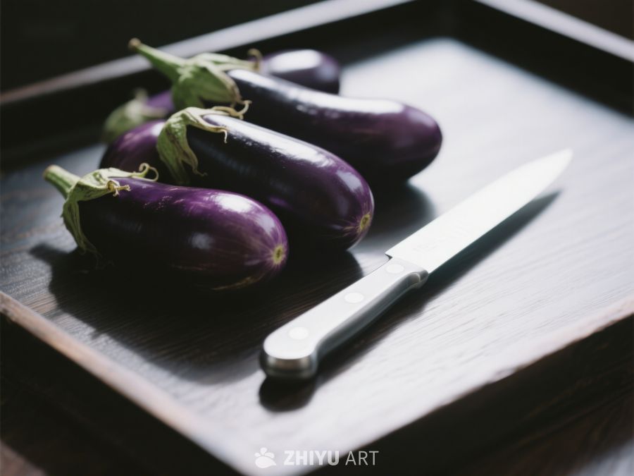茄子与刀置于木质砧板上 114