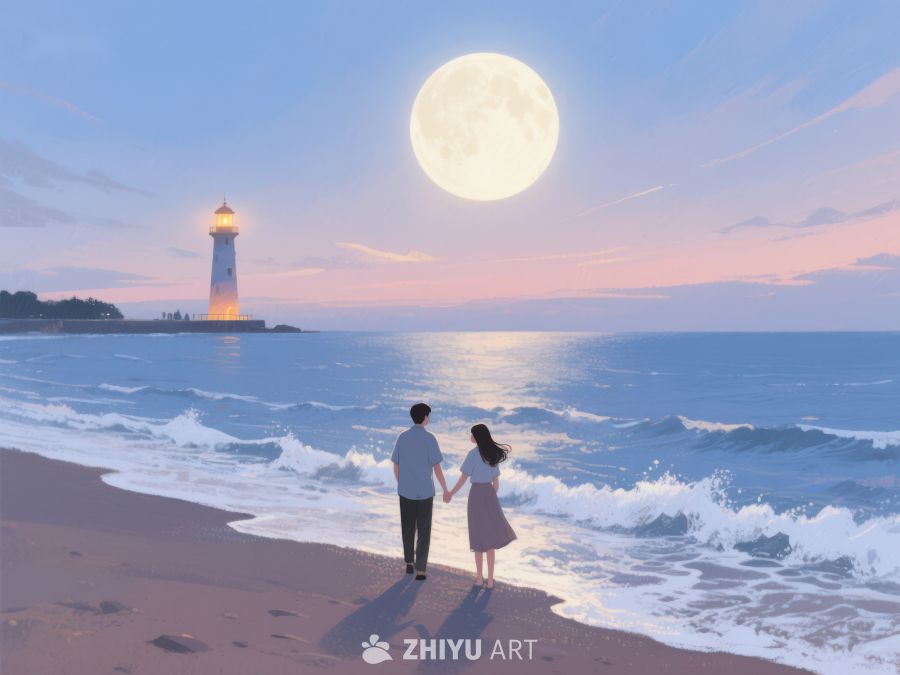 月下海边，情侣牵手漫步 1194