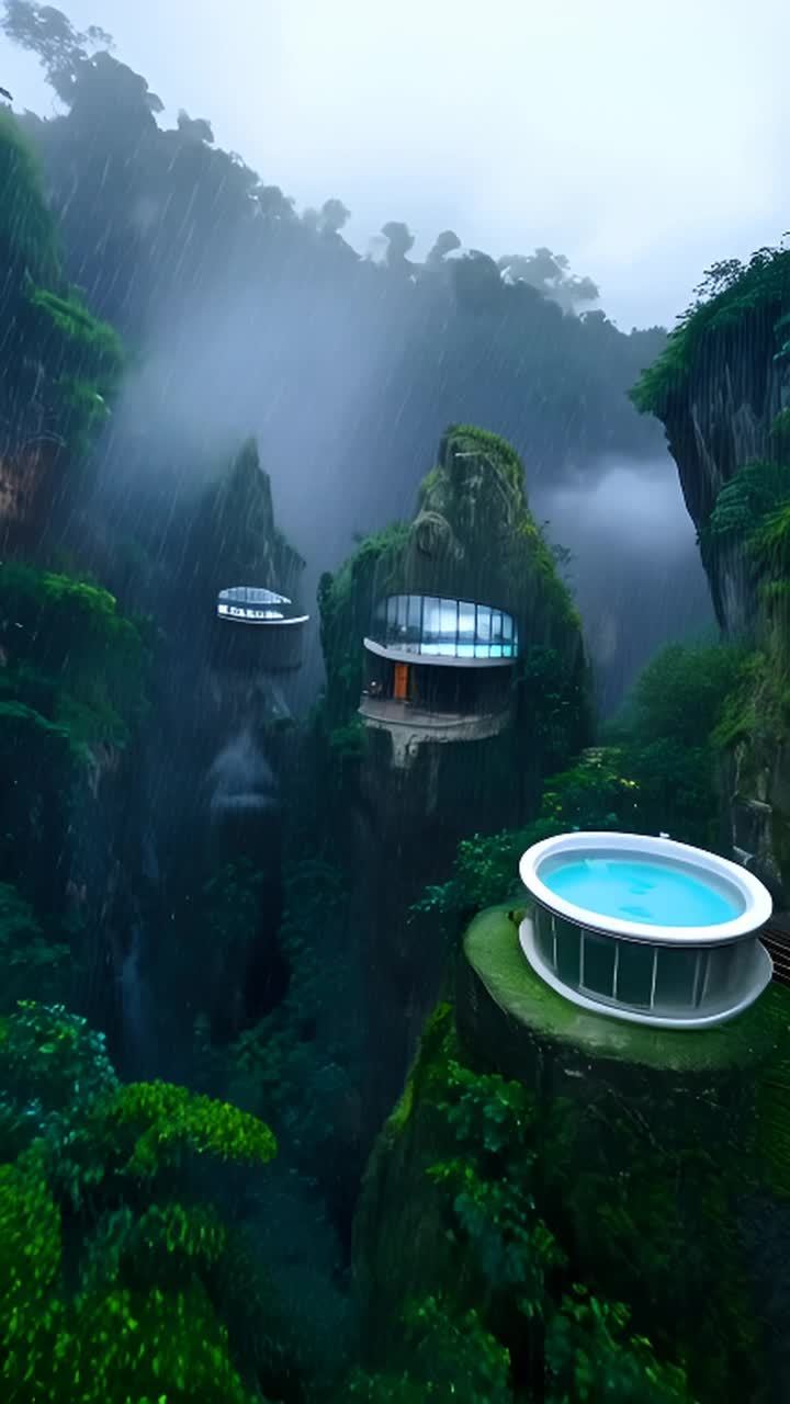 在一场倾盆大雨中，一片茂密的丛林覆盖着陡峭的悬崖。