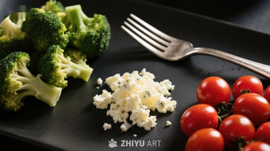 黑盘上的西兰花、羊乳酪与樱桃番茄