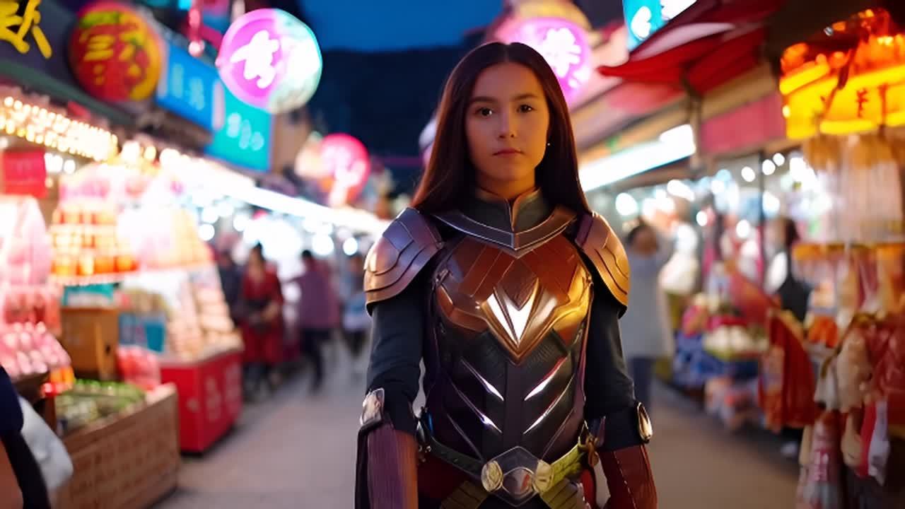 一个身穿金色和黑色盔甲的女子走在挂满灯笼的市场中，