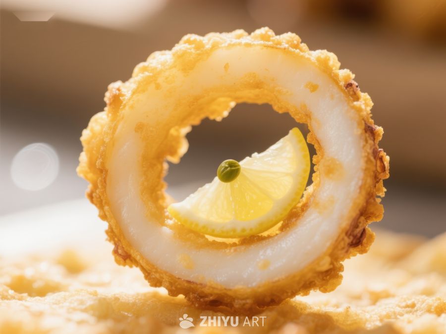 金黄酥脆的炸鱿鱼圈配柠檬片