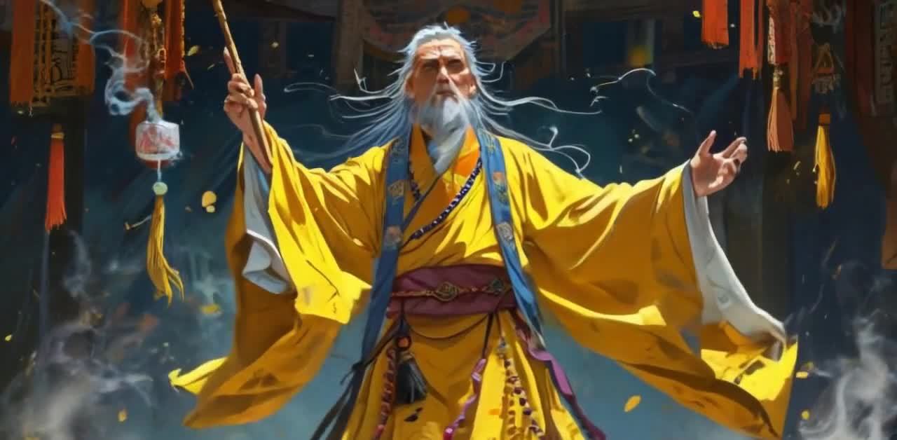 长袍老者举杖施法祈福仪式