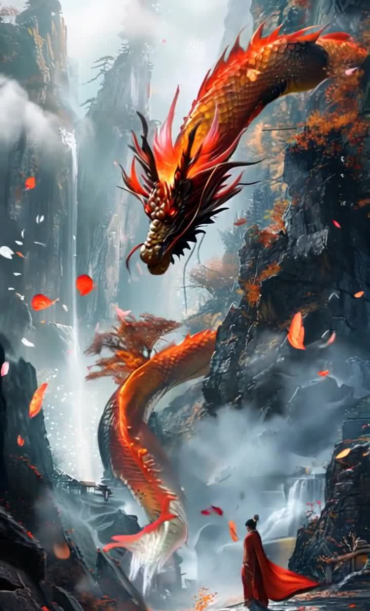 山谷巨龙，红衣女子，仙境般唯美场景。