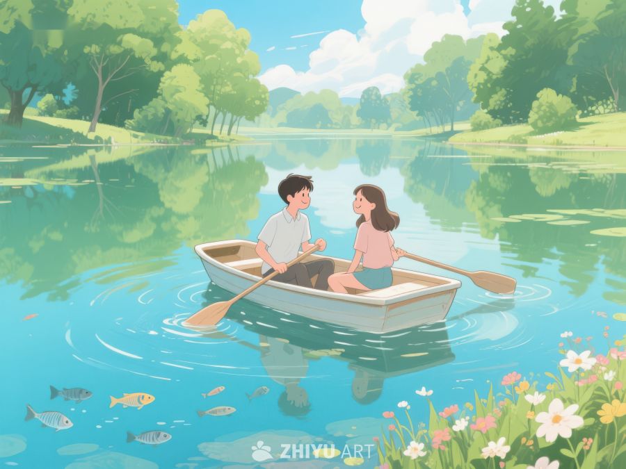湖上划船的年轻情侣 318