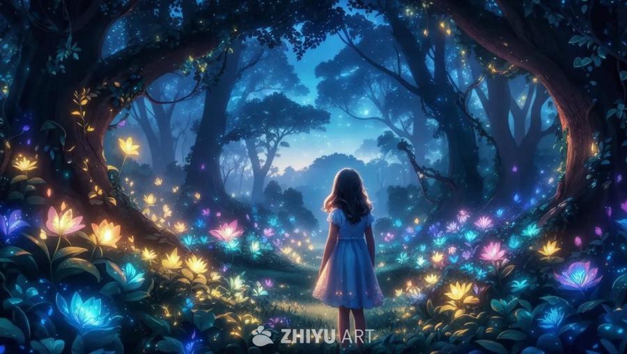 一个年轻女孩站在黄昏时分的魔法森林中。森林里有各种
