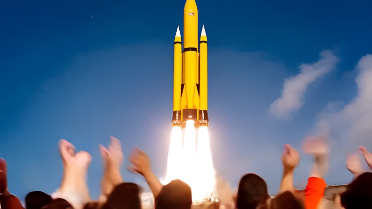 一个黄色的太空火箭从发射平台上发射。许多观众正在观