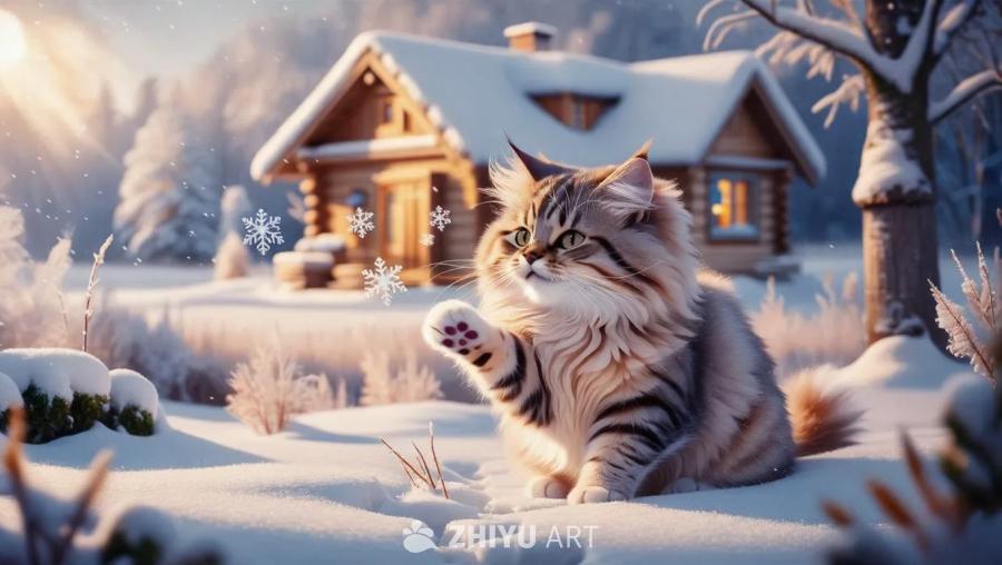 一只蓬松的虎斑猫坐在雪地上，抬起一只爪子，似乎在捕