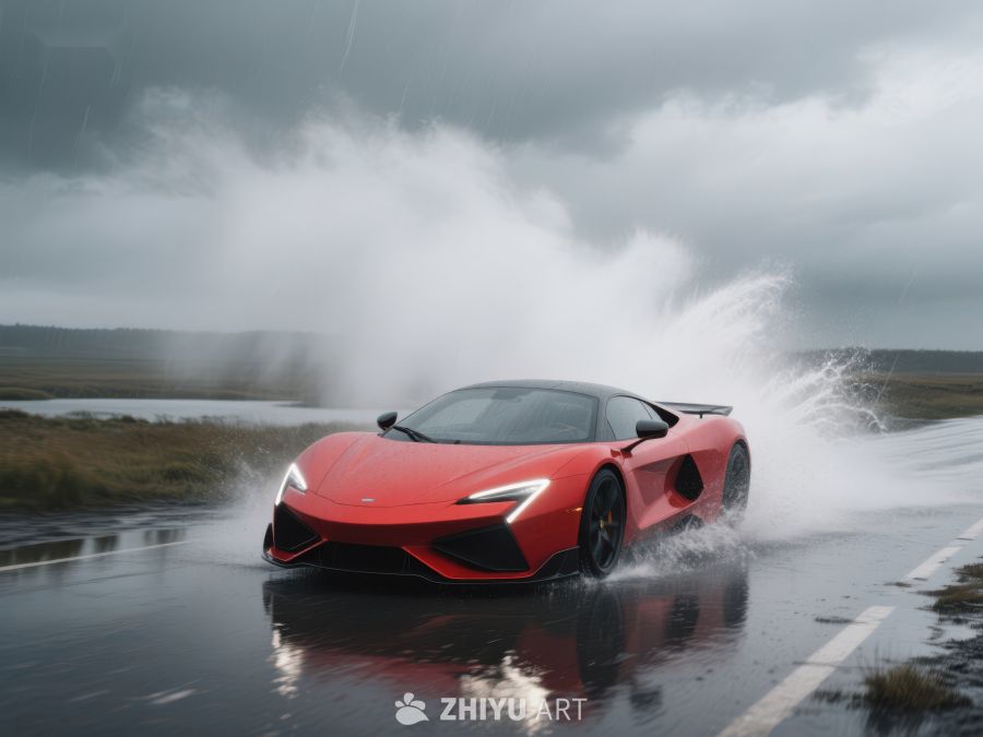 红色跑车雨中疾驰溅起水花 131