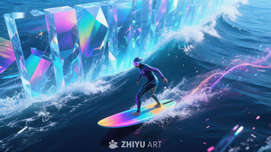 未来冲浪者在霓虹海浪中驰骋 586