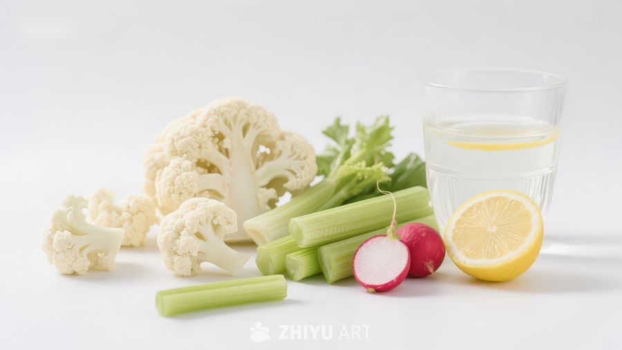 新鲜蔬菜与柠檬水组合
