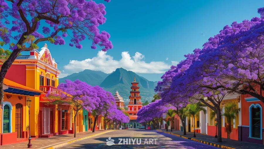 沿海城市，建筑色彩鲜艳，融合了拉丁美洲风格和东亚风