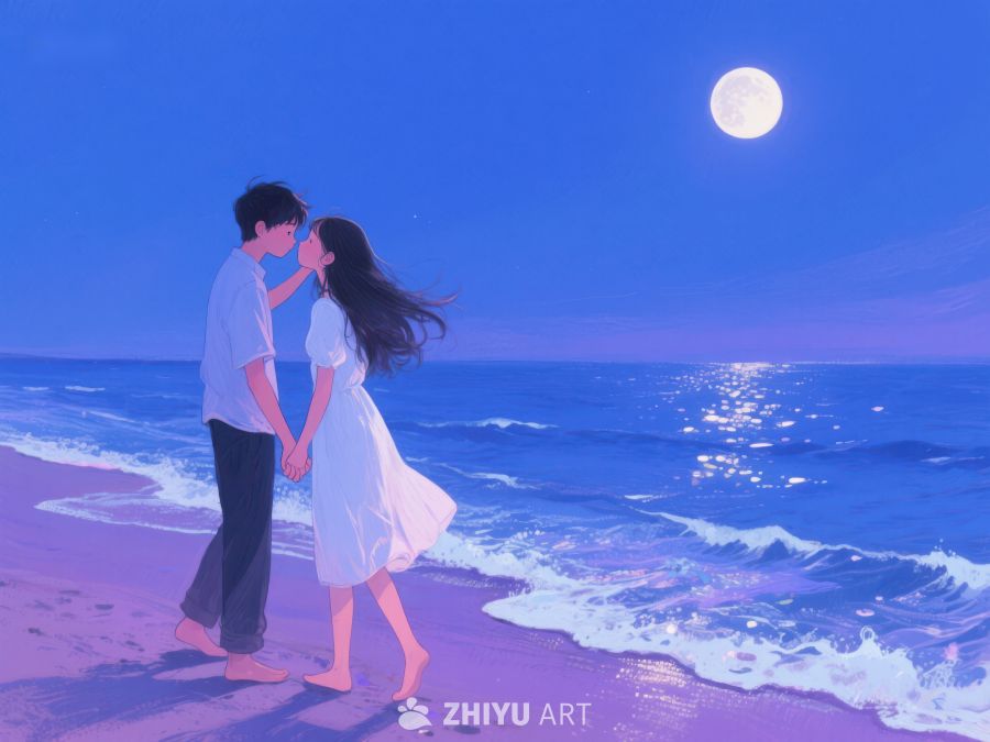 月下情侣海边漫步 1223