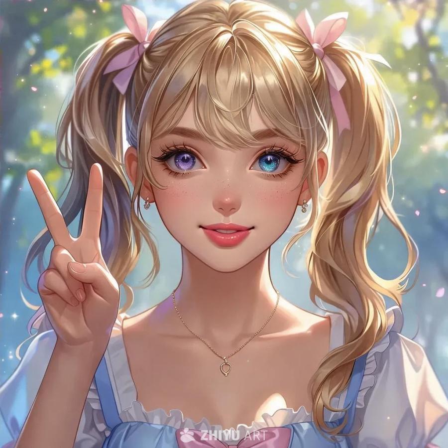 一个动漫风格的女孩，她扎着半高马尾，头发是金色的渐