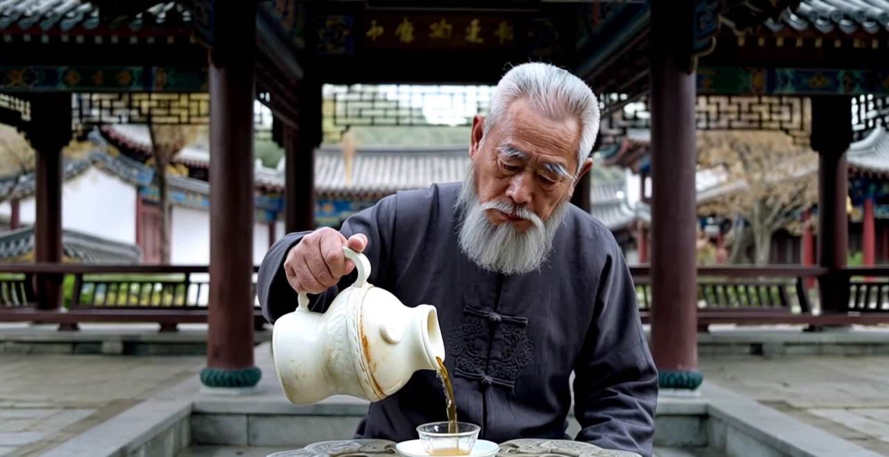一位头发和胡子都是白色的中国古代老人坐在中式的亭子