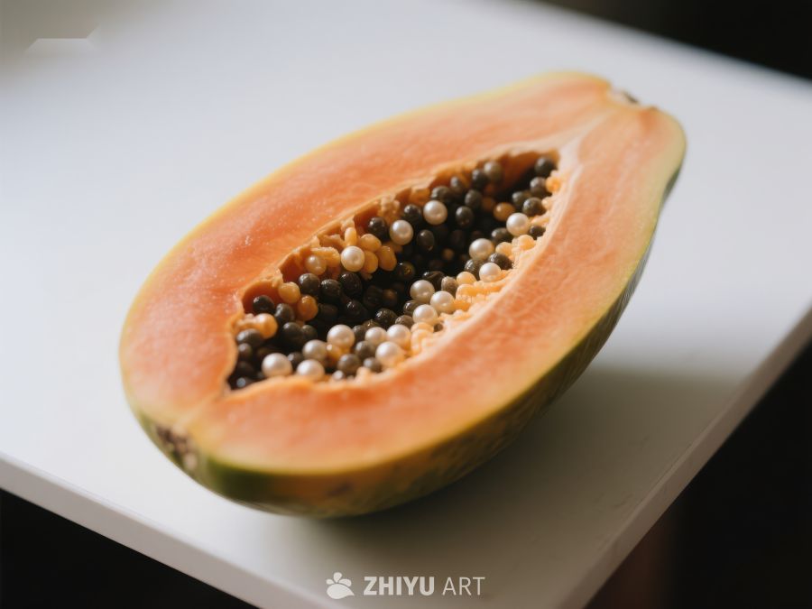 切开的木瓜，露出籽粒 416