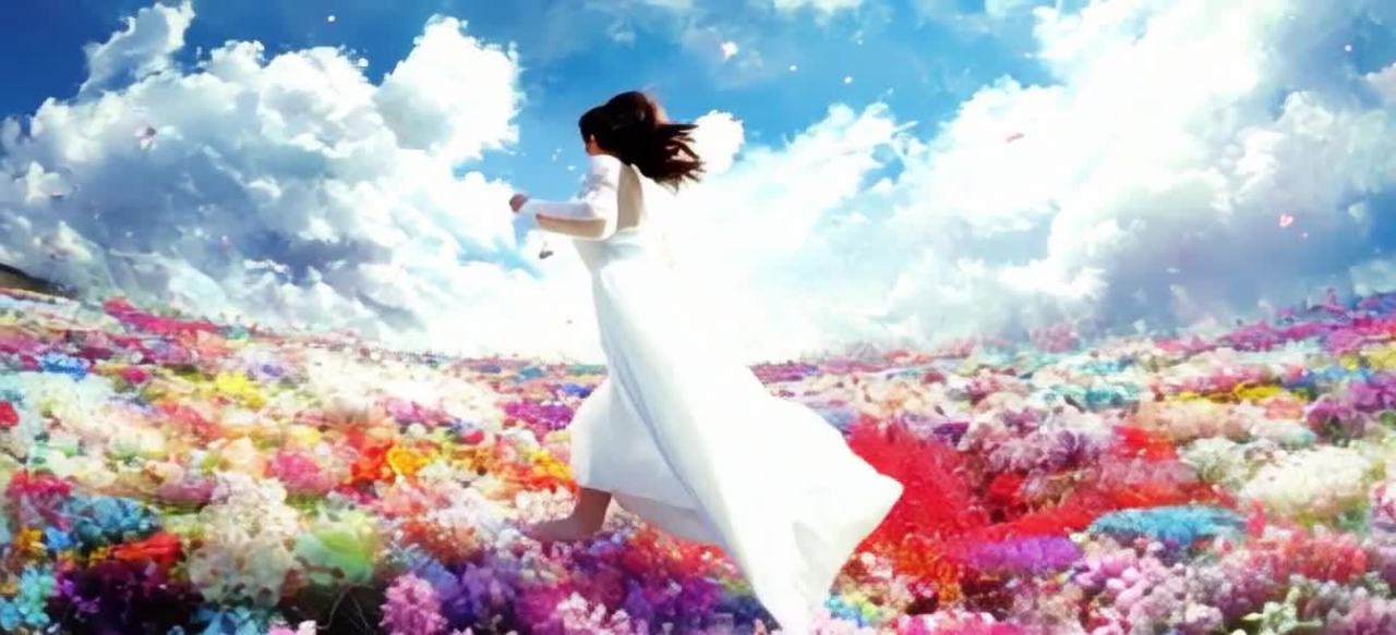 女子花海奔跑，裙摆飞扬天空飘散花瓣。