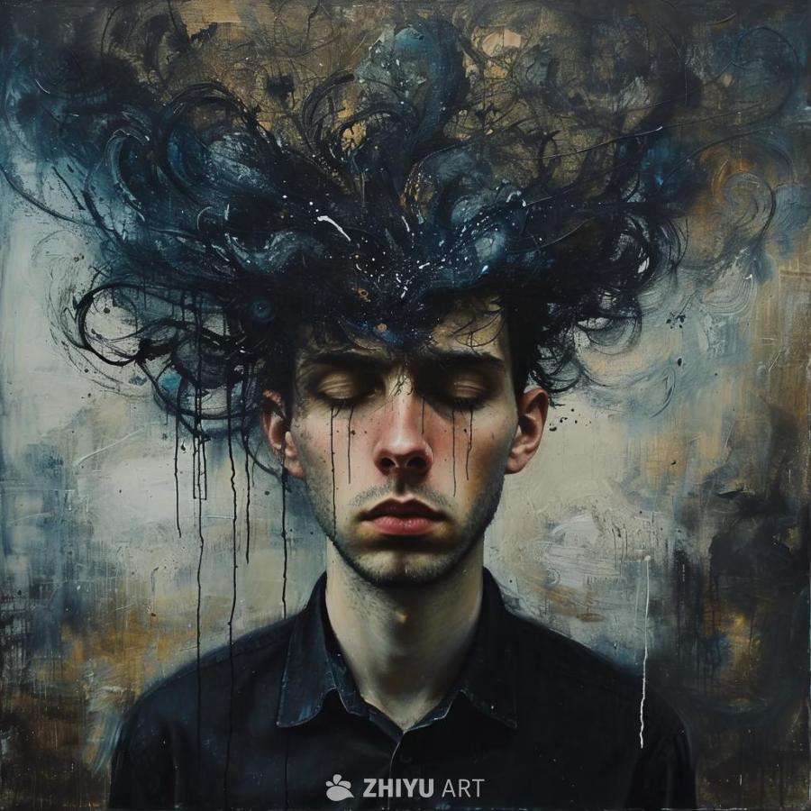 画面中呈现一个男人的肖像，他闭着眼睛，脸上布满了深