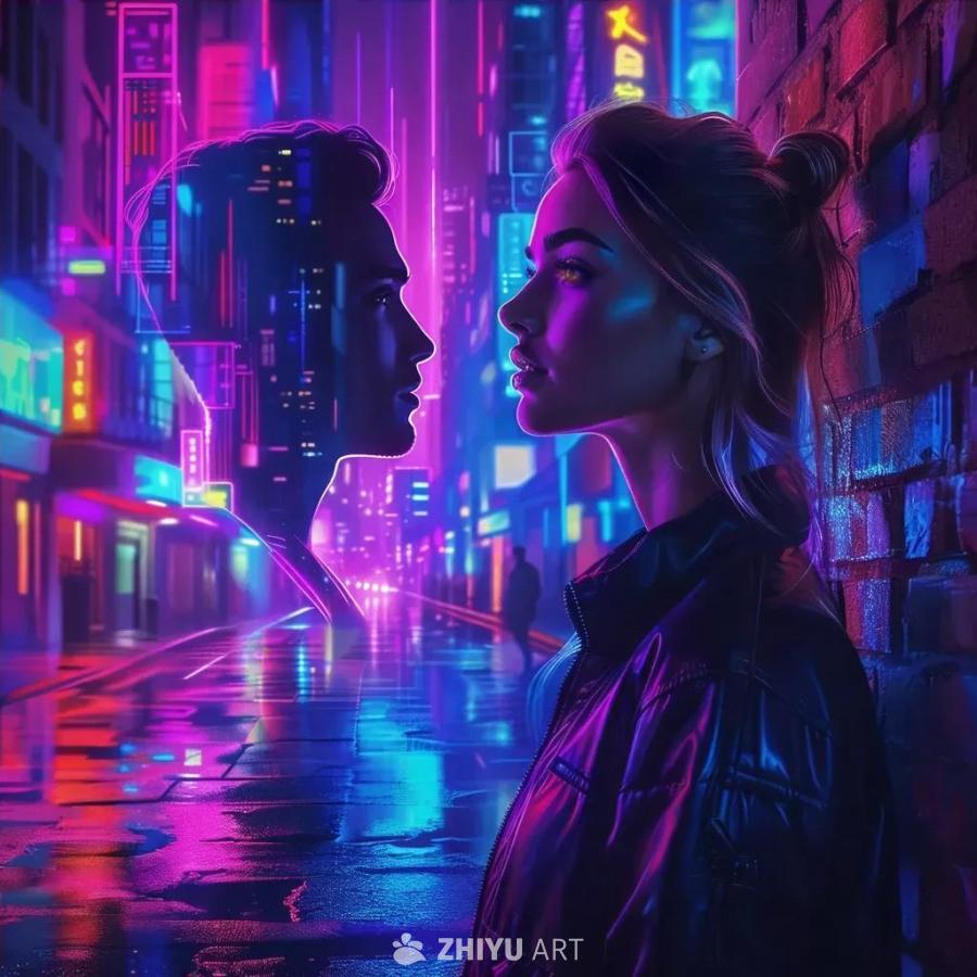 一位女子站在霓虹灯闪烁的街道旁，她的侧脸对着墙上一