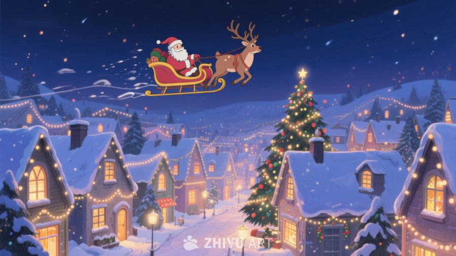 圣诞夜雪景与驯鹿雪橇 226