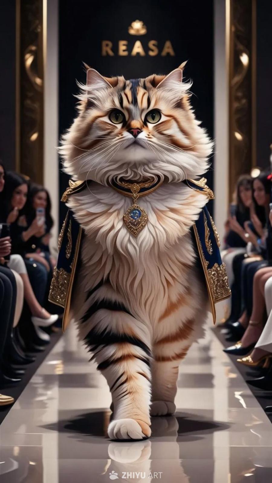 一只拟人化的波斯猫走在时装秀的T台上，步伐高贵自信