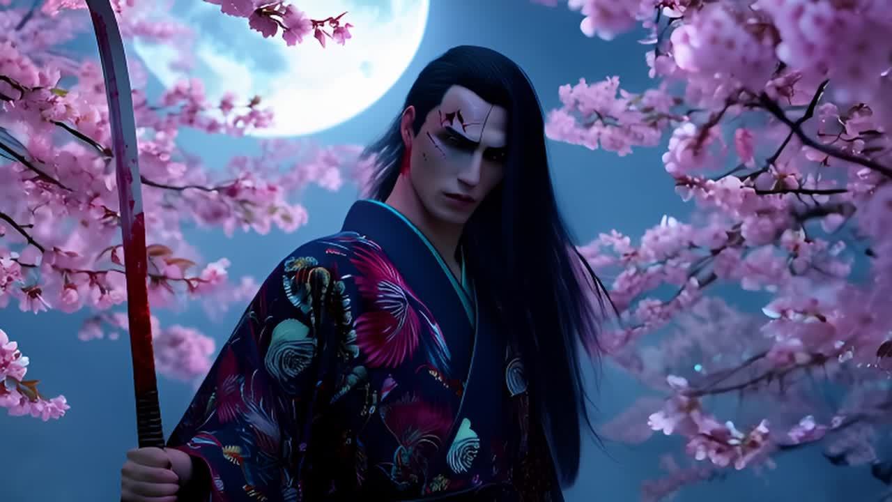 在满月下，一位武士缓缓穿行于樱花林间。他双眼异色，