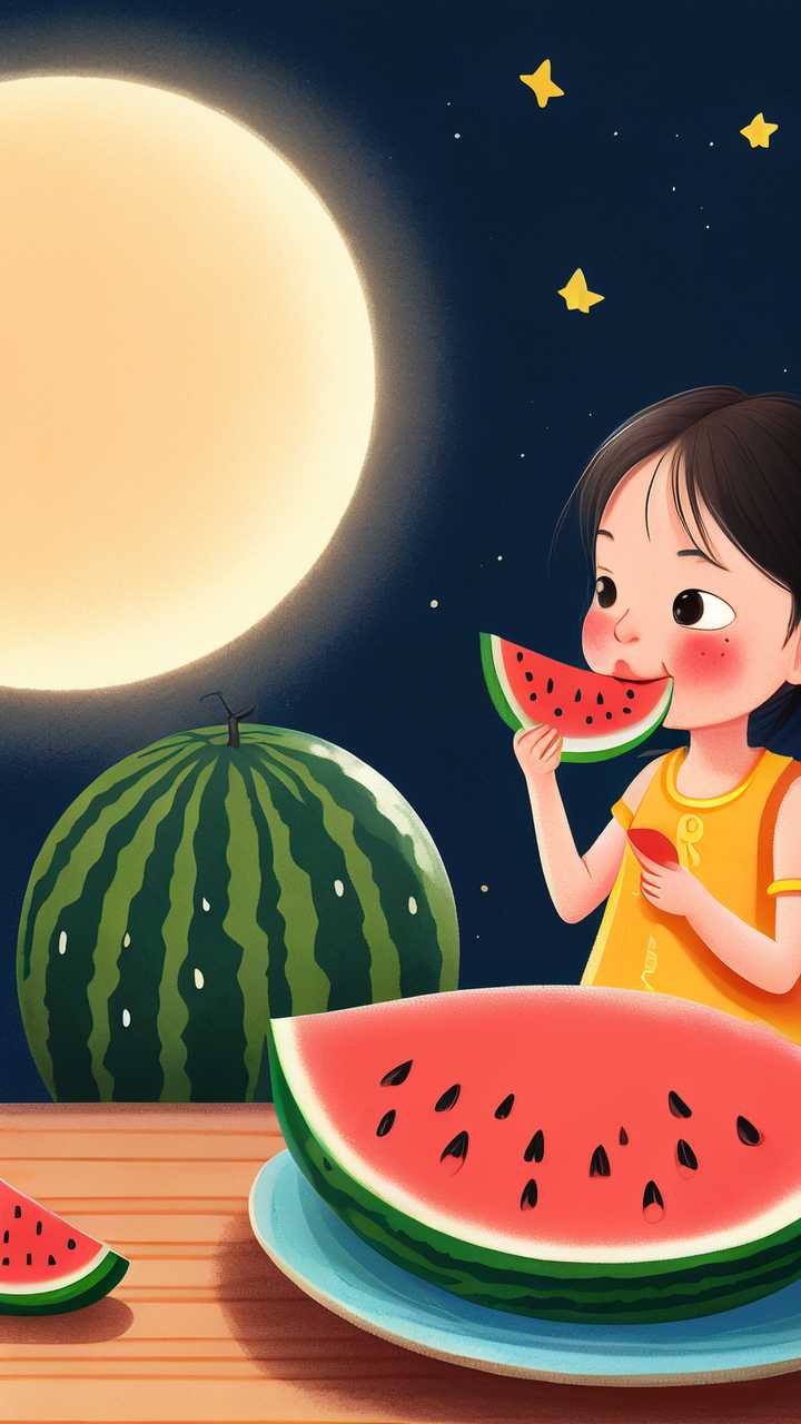 夜晚女孩吃西瓜插画
