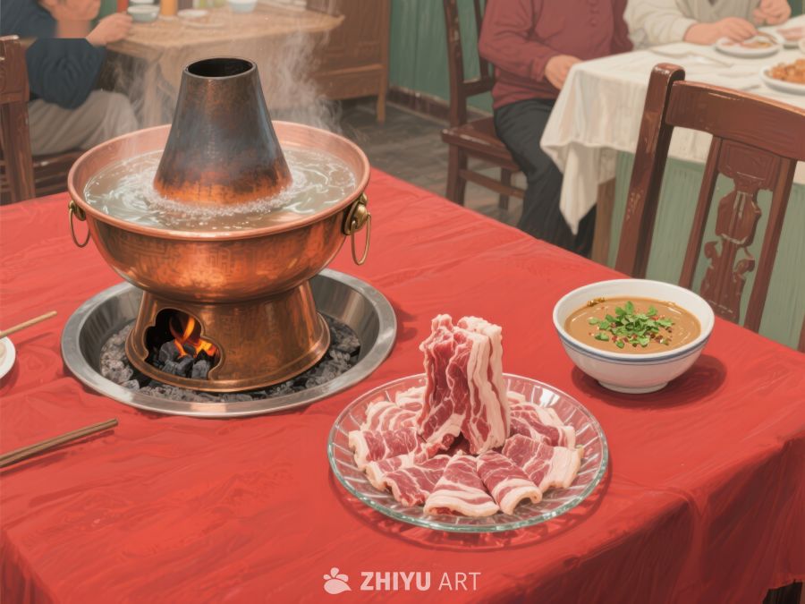 铜锅涮肉，热气腾腾的餐桌景象 734