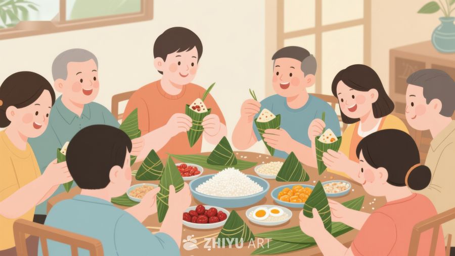 家人围坐一起包粽子 198
