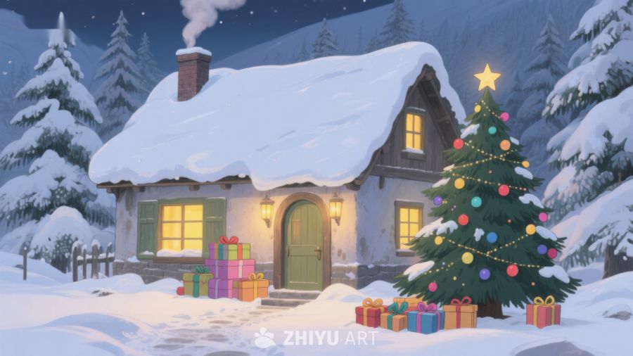 雪夜温馨小屋与圣诞树 434