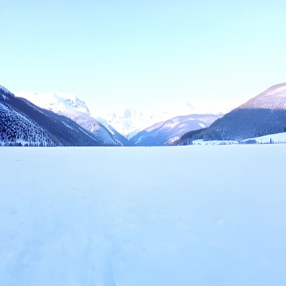 冰雪覆盖的山脉绵延至远方。摄像机缓缓横扫无瑕的雪地