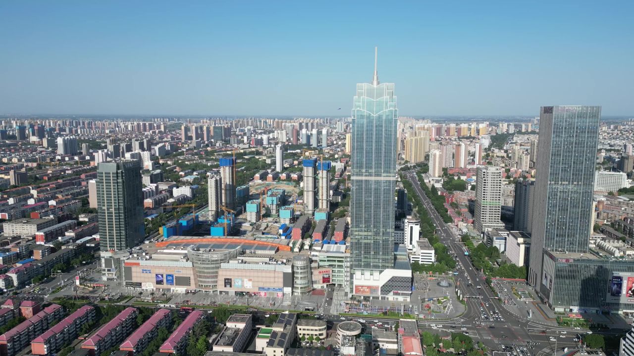  航拍河北保定城市天际线万博广场