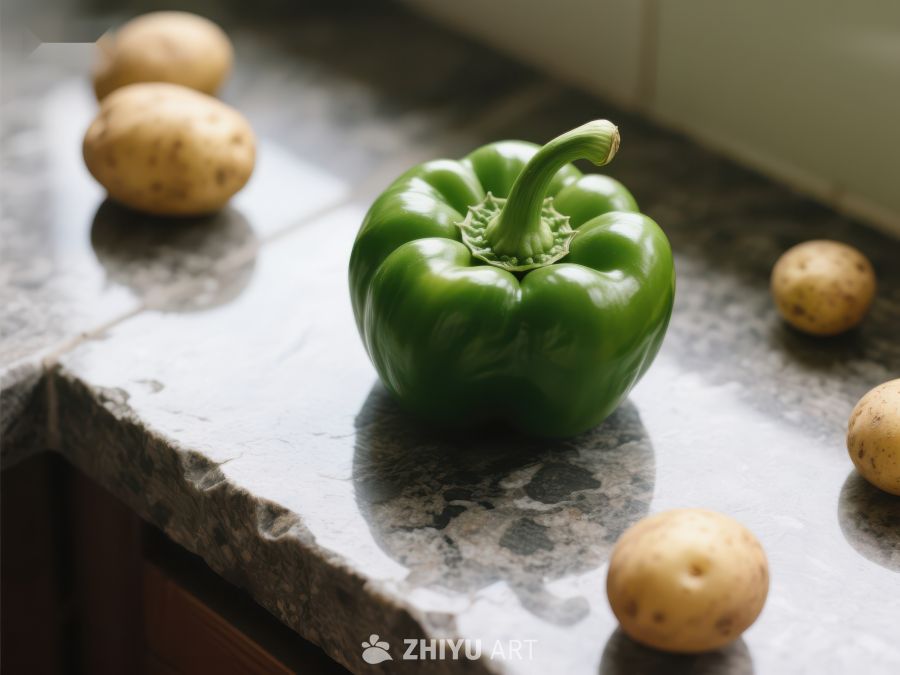 新鲜青椒与土豆置于石台 599