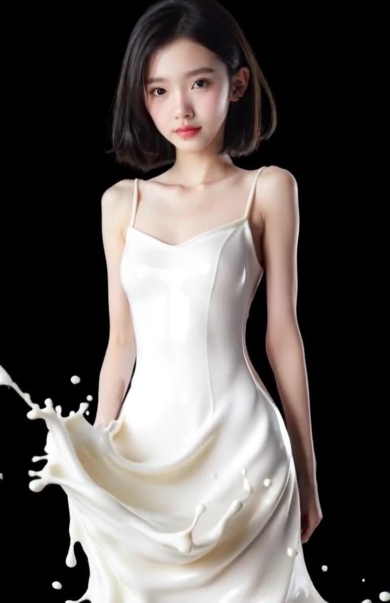 女子身着液体吊带裙，纯黑背景液体飞溅
