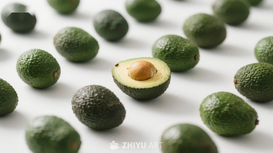 新鲜牛油果散落，其中一个切开展示果核