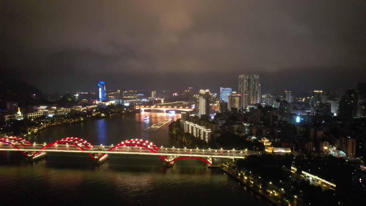 广西柳州柳江桥梁交通夜景灯光